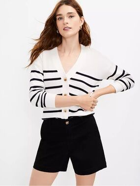 LOFT White V-Neck Striped Button Cardigan